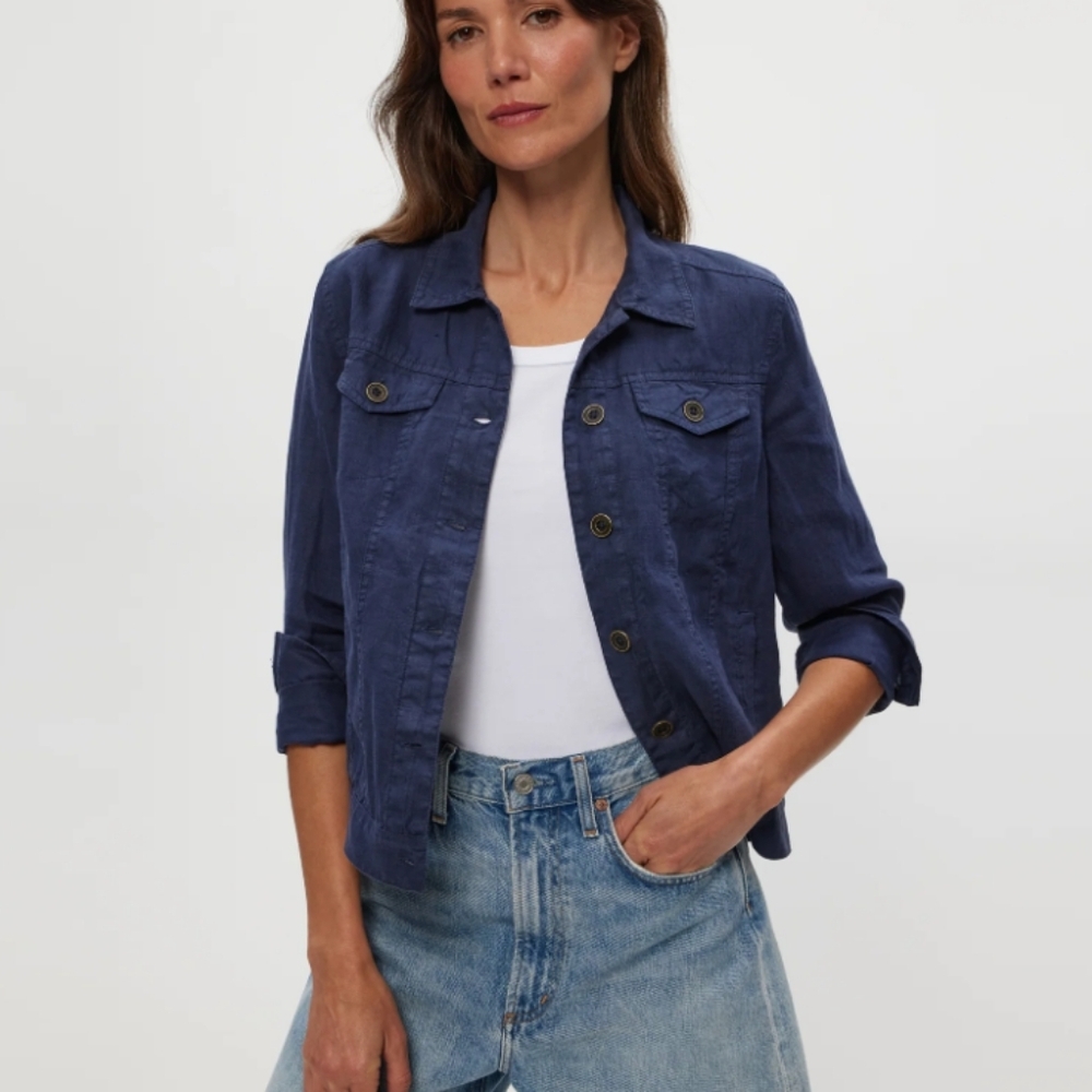 Michael Stars Linen Jean Jacket Indigo Blue Petite Size M NWT Natural Fibers